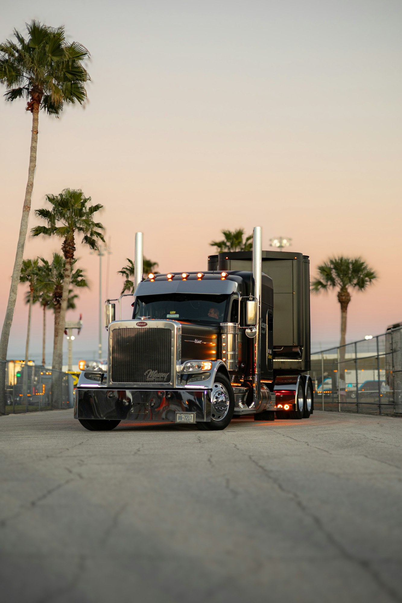Black conventional semi truck beside palm trees in Florida at sunset
